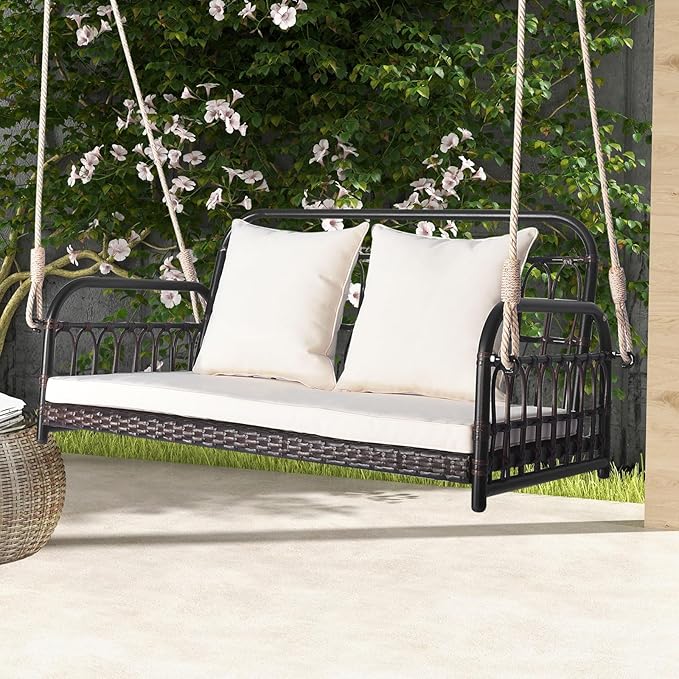 DORTALA 2-Person Porch Swing Outdoor, Patio Wicker Hanging Swing Bench with Cushions, Metal Frame, Ropes - Photo 7