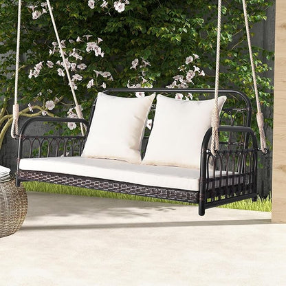 DORTALA 2-Person Porch Swing Outdoor, Patio Wicker Hanging Swing Bench with Cushions, Metal Frame, Ropes, 880 LBS Capacity, Rattan Swing Loveseat for Garden Poolside Backyard, Mix Brown+Off White