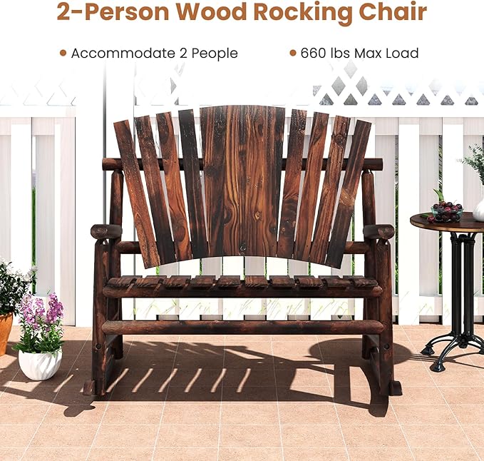 Giantex 2 Pcs Outdoor Wooden Rocking Bench, 2-Person Adirondack Porch Rocker Chair with High Back and Slatted Seat, Rustic Log Loveseat for Front Porch Patio, Backyard, Garden, Brown, 51”x38”x46”