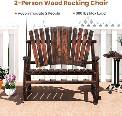 Giantex Outdoor Wooden Rocking Bench, 2-Person Adirondack Porch Rocker Chair with High Back and Slatted Seat, Rustic Log Loveseat for Front Porch Patio, Backyard, Garden, Brown, 51”x38”x46”