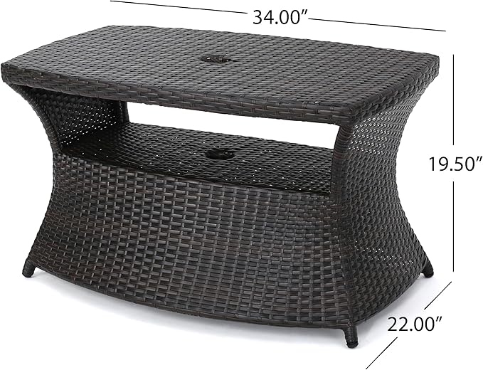 Outdoor Rattan Side Table with Umbrella Hole, All Weather 2 Tier Rattan Wicker Coffee End Table with Storage Shelf for Garden Porch Deck Backyard, No Assembly Required (Brown)