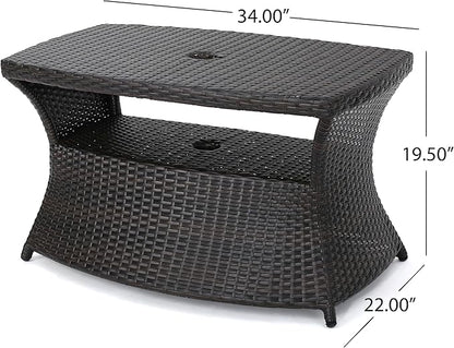 Outdoor Rattan Side Table with Umbrella Hole, All Weather 2 Tier Rattan Wicker Coffee End Table with Storage Shelf for Garden Porch Deck Backyard, No Assembly Required (Brown)