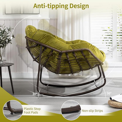 HOMEFUN Outdoor Patio Rocking Chairs, Oversized Papasan Rock Chair Indoor with Velvet Padded Cushion - Rocker Egg for Front Porch, Garden, Backyard Olive
