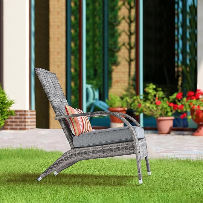 Outdoor Wicker Adirondack Chairs Set 2 Rattan Fire Pit Chairs Oversized Comfy Relax Accent Patio Chairs with Soft Cushion Low Deep Seating Tall Curved Backrest for Outside Backyard Deck Porch Grey