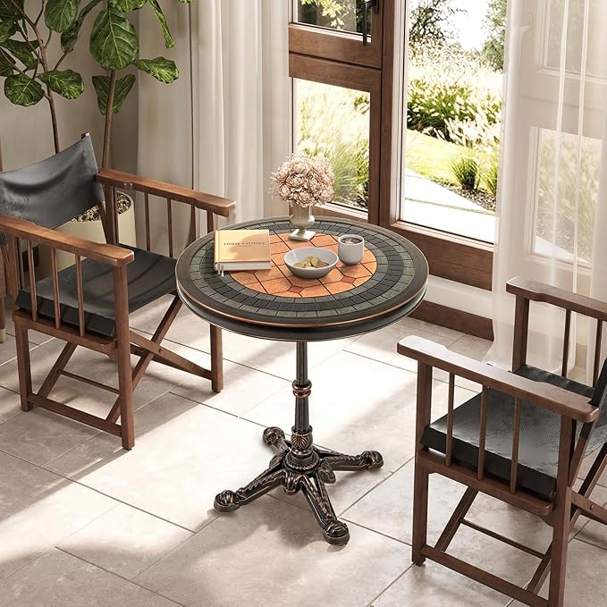 Tangkula 24" Round Patio Dining Table, Weather-Resistant Cast Aluminum Outdoor Table with Carved Texture & Painted Top, for Balcony, Garden, Backyard, Poolside