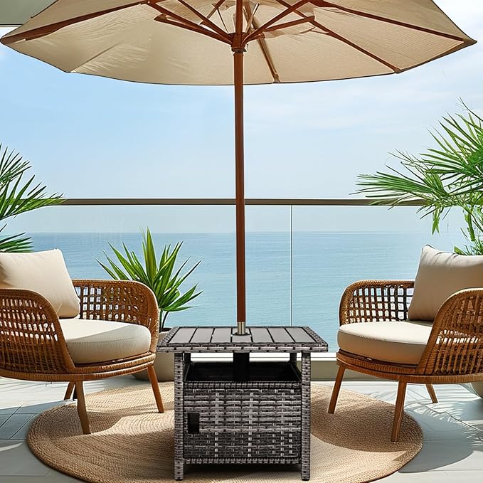 Outdoor Patio Side Table with Umbrella Hole Small Grey Wicker Umbrella Stand Table with 2 Weight Bags for Outside End Storage Coffee Table with Poly Lumber Top for Pool Garden Balcony Deck