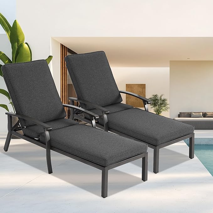 Chaise Lounge Chair Outdoor with Wheels, Cast Aluminum Tanning Chair with Grey Cushion - Photo 1