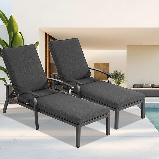 Chaise Lounge Chair Outdoor with Wheels, Cast Aluminum Tanning Chair with Grey Cushion, for Outside Beach Patio Pool Lawn with Adjustable 5 Position Recliner, 2 Pack