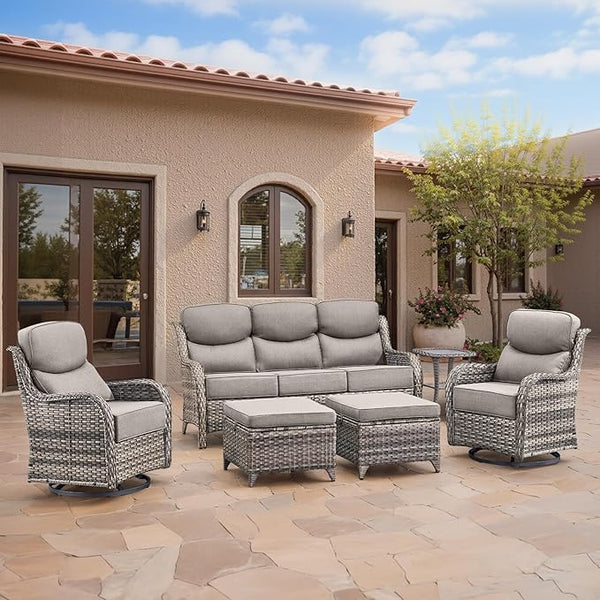 Swivel Patio Chairs sofa Set of 6 - 6" Thick Cushion - Wicker Outdoor Swivel Rocker Patio Chair ,Sofa/Glass coffee - Photo 1