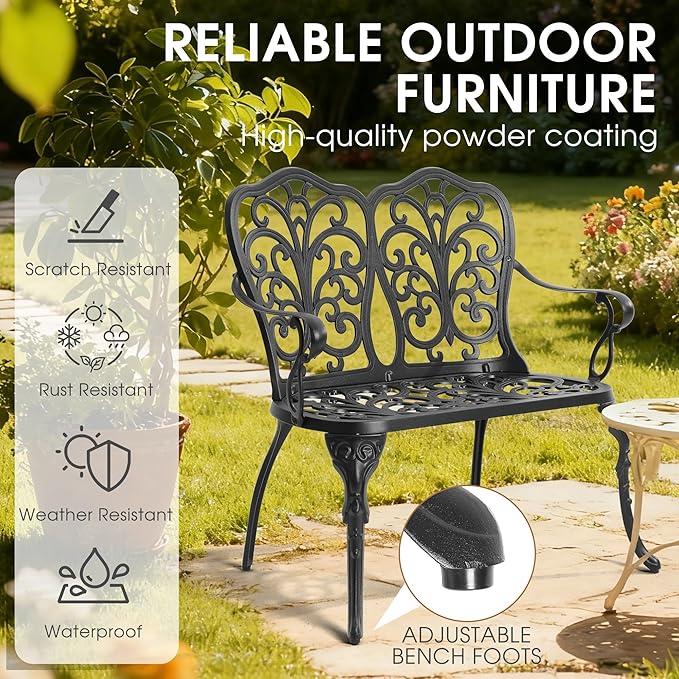 Outdoor Bench, Cast Aluminum Double Seating with Backrest and Armrests, Mental Outdoor Furniture for Patio, Porch, Garden, Park, Black Butterfly