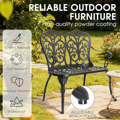 Outdoor Bench, Cast Aluminum Double Seating with Backrest and Armrests, Mental Outdoor Furniture for Patio, Porch, Garden, Park, Black Butterfly