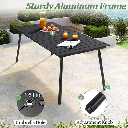 70" Patio Outdoor Dining Table for 6, Weather-Resistant Aluminum Frame with Wood-Grain Top & Umbrella Hole for Deck Gatherings, Black