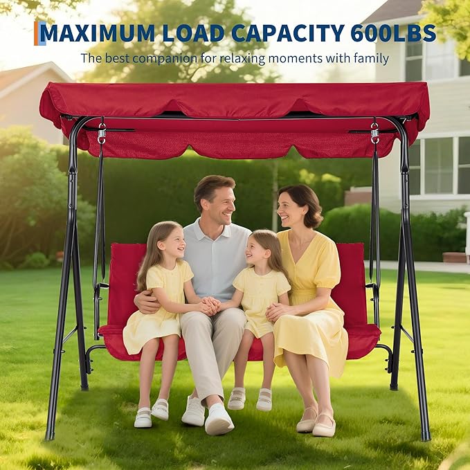 3-Seat Outdoor Porch Swing Chair with Adjustable Canopy & Thickened Cushions - Photo 6