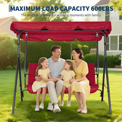 3-Seat Outdoor Porch Swing Chair with Adjustable Canopy & Thickened Cushions, Glider Bench with Non-Slip Feet & Strong Spring Hooks/UV Resistant/Waterproof/500 Lbs Capacity for Patio, Garden, Backyard