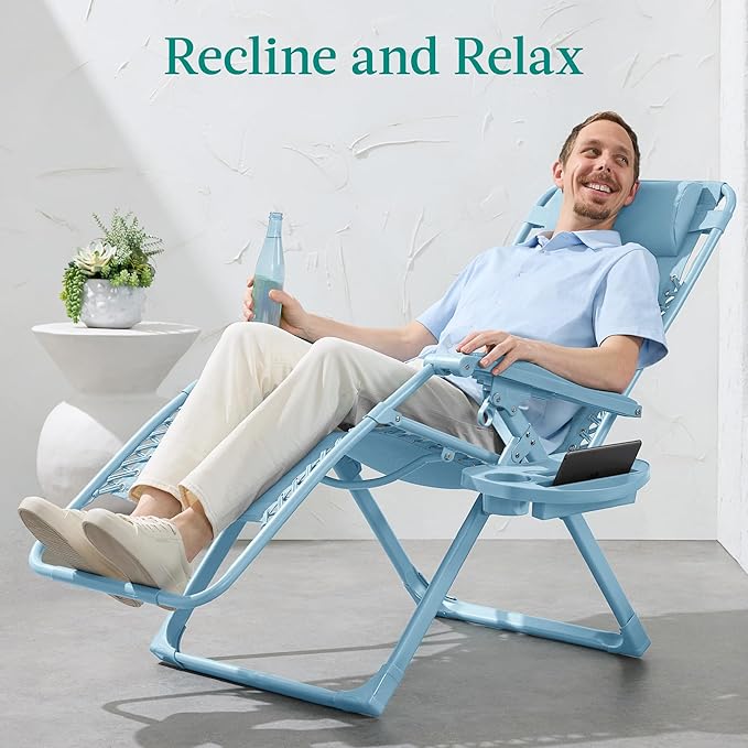 Best Choice Products Adjustable Zero Gravity Chair, Monochromatic Color Folding Patio Recliner w/Side Tray, Headrest - Sky