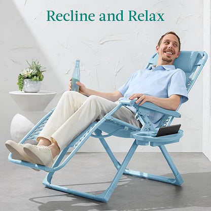 Best Choice Products Adjustable Zero Gravity Chair, Monochromatic Color Folding Patio Recliner w/Side Tray, Headrest - Sky