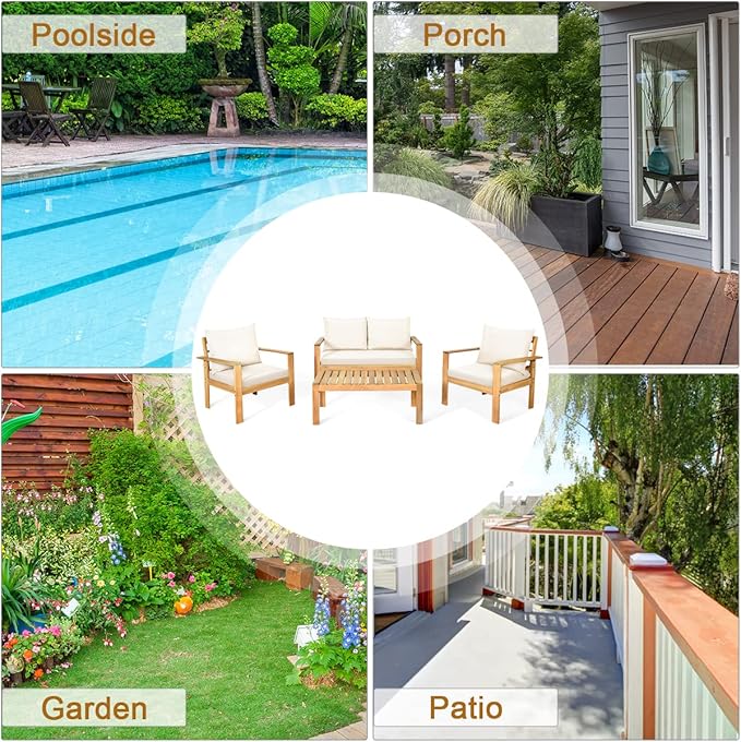 COSTWAY 8 Pieces Outdoor Acacia Wood Sofa Set, Outdoor Conversation Sofa Set with Table & Cushions Porch Chairs for Garden, Patio, Deck