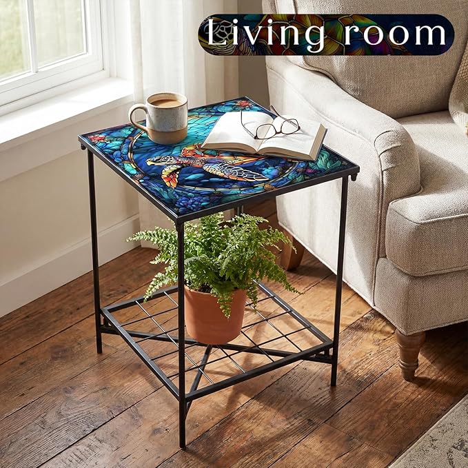 Outdoor Side Table 2-Tier Storage Square Small Mosaic Patio Accent Indoor End Plant Coffee Tea Table for Yard Patio Porch Garden Living Room, Bedroom(Turtle Style)