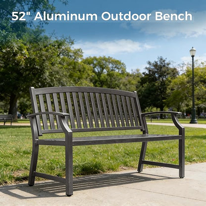Grand patio Farmhouse Outdoor Bench, Garden Benches with Anti-Rust Aluminum, Faux Wood Grain Finish Frame Patio Bench for Front Porch, Weathered Gray