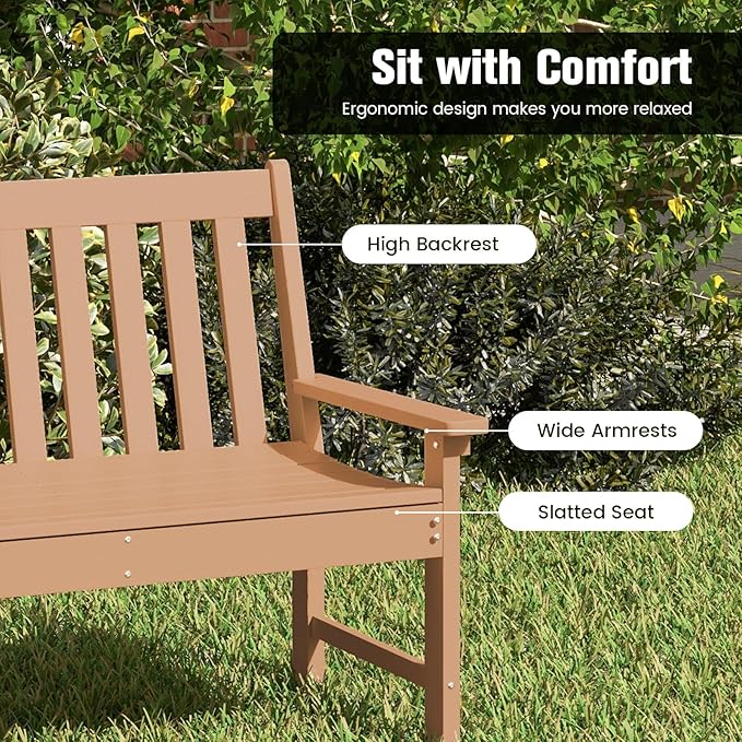 Tangkula HDPE Outdoor Garden Bench with Backrest, 2-Person All-Weather Patio Loveseat Chair with Slatted Seat, 705 lbs Weight Capacity, Patio Benches for Balcony, Garden, Porch, Backyard & Park, Brown