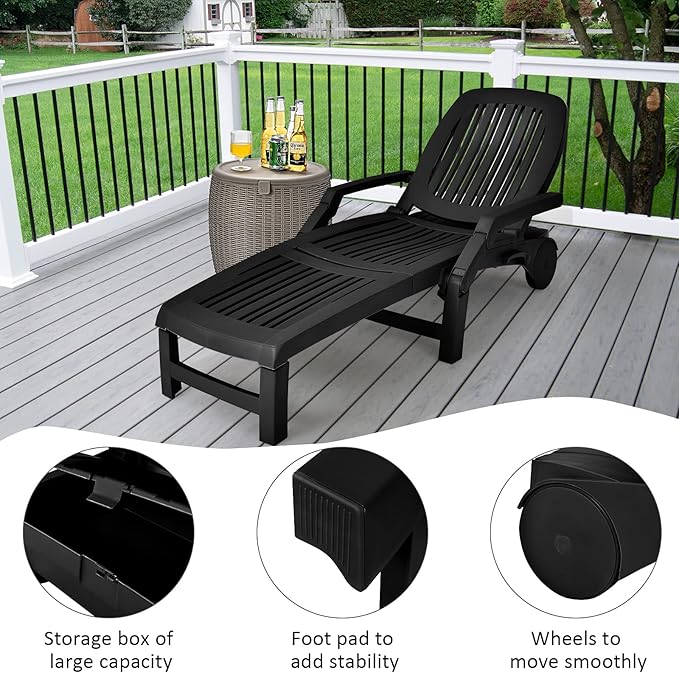 Giantex Chaise Lounge Outdoor, 6 Adjustable Backrests Lounge Chair Recliner, Outdoor Furniture for Patio Poolside Garden, Foldable Sun Lounger with Wheels (1, Black)