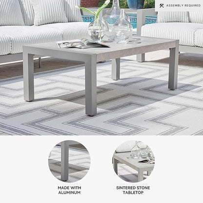 Signature Design by Ashley Moonlight View Contemporary Outdoor Fade and Rust Resistant Coffee Table with Stone Tabletop, Light Gray