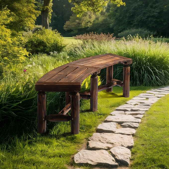 VINGLI Outdoor Bench Wooden Curved Bench, All-Weather Fire Pit Backless Patio Bench, 2-Person Seating Rustic Garden Bench for Backyard Porch Deck Entryway (Carbonized)