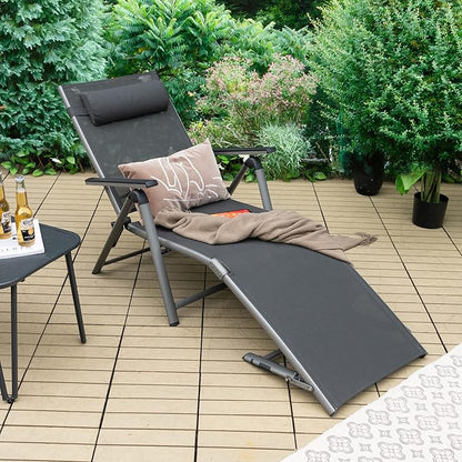 COSTWAY Folding Aluminum Lounge Chair, Outdoor Pool Lounger with 8-Position Adjustable Backrest & Ergonomic Headrest, Patio Lounge Recliner with Breathable Fabric