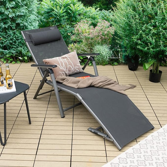 COSTWAY Folding Aluminum Lounge Chair, Outdoor Pool Lounger with 8-Position Adjustable Backrest & Ergonomic Headrest, Patio Lounge Recliner with Breathable Fabric
