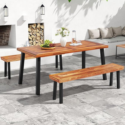 RELAX4LIFE 60’’ Outdoor Bench Acacia Wood, 3-Person Backless Patio Benches with Heavy Duty Metal Frame, Wooden Picnic Dining Garden Bench for Outside Backyard Park Porch, 800 LBS Weight Capacity