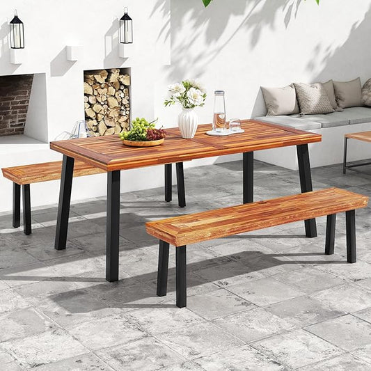 RELAX4LIFE 60’’ Outdoor Bench Acacia Wood, 3-Person Backless Patio Benches with Heavy Duty Metal Frame, Wooden Picnic Dining Garden Bench for Outside Backyard Park Porch, 800 LBS Weight Capacity