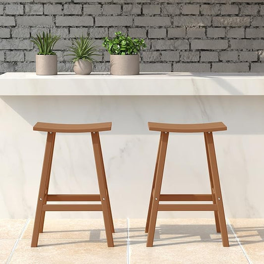 Costaelm All-Weather Bar Stools Set of 2, 24" Height Outdoor Bar Stools, Adirondack Poly Patio Bar Stool for Patio, Deck, Kitchen Counter and Garden, Teak