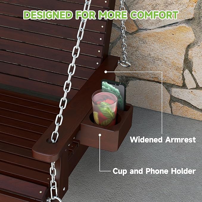 Real Relax Front Porch Swing, Wooden 3 Person Outdoor Hanging Patio Swing Chair with Cup Holders - Photo 7