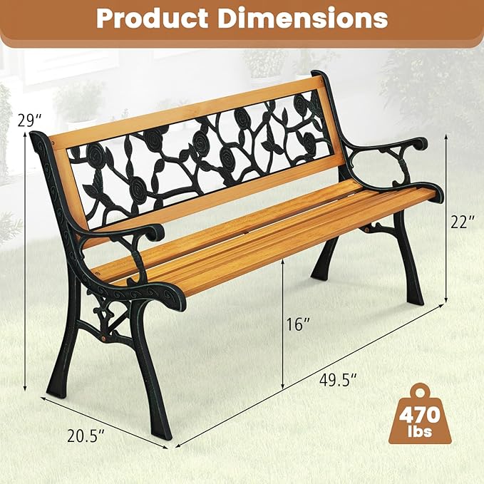 Tangkula Outdoor Garden Bench Park Bench, Patio Iron Bench Chair with Cast Iron & Hardwood Structure, Weather Proof Porch Loveseat, Perfect for Backyard, Deck, Lawn, Poolside