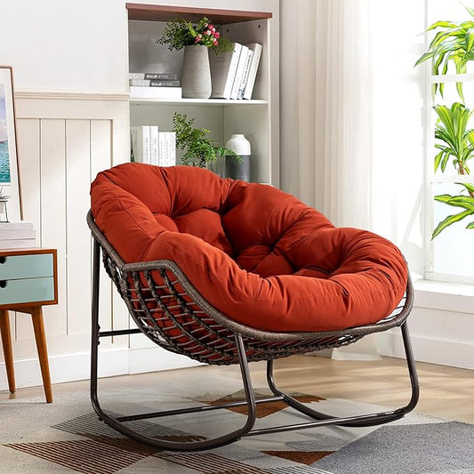 SLEERWAY Large Indoor Outdoor Rocking Chair, Oversized Rocking Papasan Chair with Thick Cushion and Frame Outdoor Rocker, Comfy Wicker Egg Chairs Lounge for Outside Porch Patio Backyard Balcony (Red)