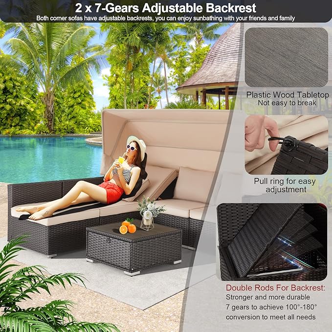 Vicluke 6 Pieces Patio Furniture Sets Outdoor Sectional Sofa Set Rattan Daybed with Retractable Canopy - Photo 2