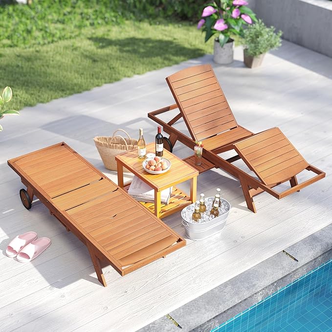 Tangkula Lounge Chair Outdoor with Wheels, Patio Wood Chaise Lounge with 4-Position Adjustable Backrest & Leg Area, Extendable Side Table, Pool Sunbathing Reclining Lounger for Outside Backyard (1)