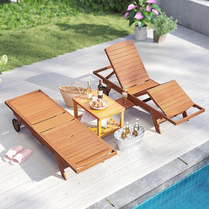 Tangkula Lounge Chair Outdoor with Wheels, Patio Wood Chaise Lounge with 4-Position Adjustable Backrest & Leg Area, Extendable Side Table, Pool Sunbathing Reclining Lounger for Outside Backyard (1)