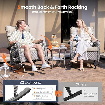 UDPATIO 3 Piece Patio Furniture Set, Wicker Rocking Bistro Set with 2 Rockers, 1 Side Table and 4‘’ Thick Cushions for Backyard, Porch, Balcony, Poolside, Grey/Beige