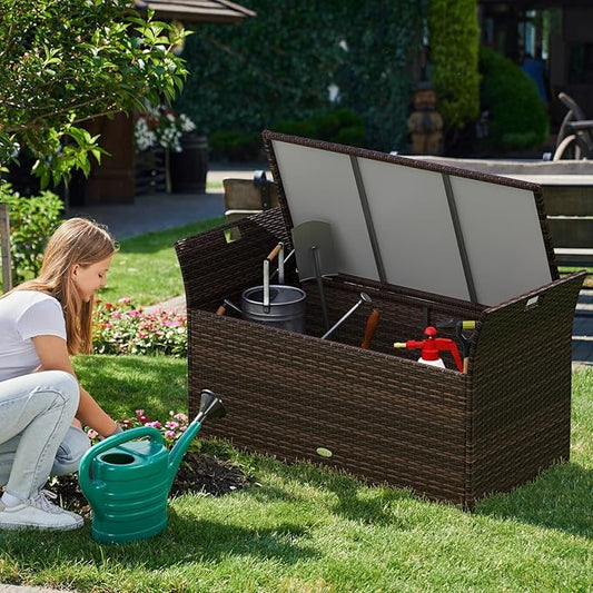 Tangkula 68 Gallon Outdoor Wicker Storage Bench, Patio Storage Box with Hand-Woven PE Rattan, Cushion & Side Handles, Outdoor Deck Box for Poolside, Backyard, Garden (Gray)
