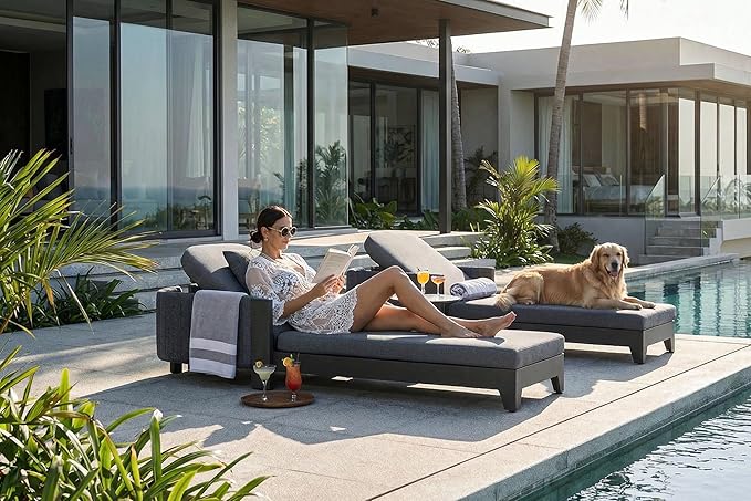 PURPLE LEAF Outdoor Daybed Sun Chaise Lounge Chairs with Cushion Patio Aluminum Adjustable Sunbathing Tanning Reclining Set of 2 Moon Basalt