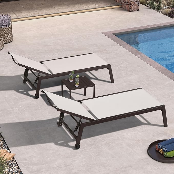 PURPLE LEAF Oversized Patio Lounge Chairs Set of 3, Reclining Pool Lounge Chairs with Side Table and Wheels for All Weather for Outdoor, Deck, Lawn, Aluminum Outside Pool, Linen