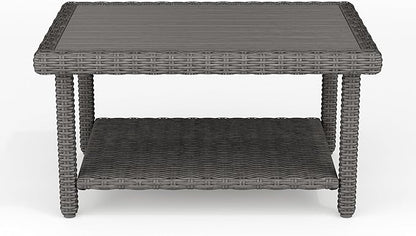 Martha Stewart Bedford Indoor-Outdoor Patio Coffee Table with Lower Shelf, Faux Wood Top, and Rattan Wicker Finish in Gray