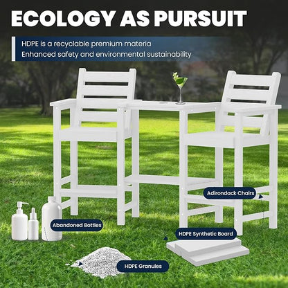 PLUUV Tall Adirondack Chairs Set of 2, All Weather HDPE Poly Bar Height Balcony Adirondack Chair with Removable Double Connecting Trays, Outdoor Adirondack Barstools for Deck, Patio, Yard, Pool, Lawn