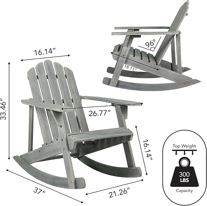 Eyely PTA1000B Harvey Outdoor Patio Classic Acacia Wood Adirondack Rocking Chair, Gray for Bohemian, Classic, Country, Cottage, Farmhouse, Rustic