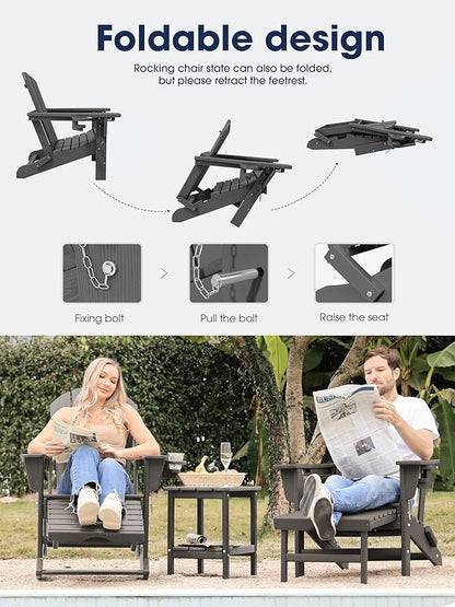 KINGYES Adirondack Rocking Chair Set of 2 with Retractable Ottoman and Cup Holders, HDPE Adirondack Rocker Patio Rocking Chair for Porch, Patio, Balcony, Leaden Grey