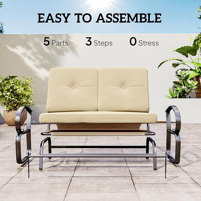 Outsunny Outdoor Glider Bench, 2-Person Patio Rocker Loveseat with Tufted Cushions, Steel Frame for Porch, Garden Backyard, Beige