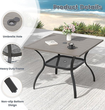 VICLLAX Outdoor Patio Dining Table for 4, Square Metal Table with Umbrella Hole and Storage Shelf for Garden, Lawn, Balcony, Deck, Grey