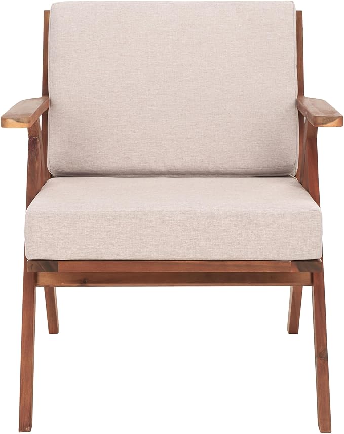 SAFAVIEH Outdoor Collection Dryad Mid-Century Modern Natural/Light Grey Solid Wood Chair with Cushion, Ideal for Deck, Patio, Backyard, Sunroom