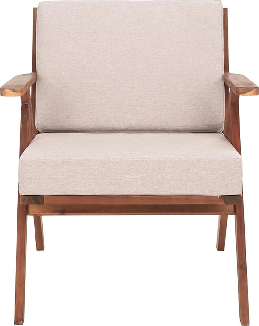 SAFAVIEH Outdoor Collection Dryad Mid-Century Modern Natural/Light Grey Solid Wood Chair with Cushion, Ideal for Deck, Patio, Backyard, Sunroom